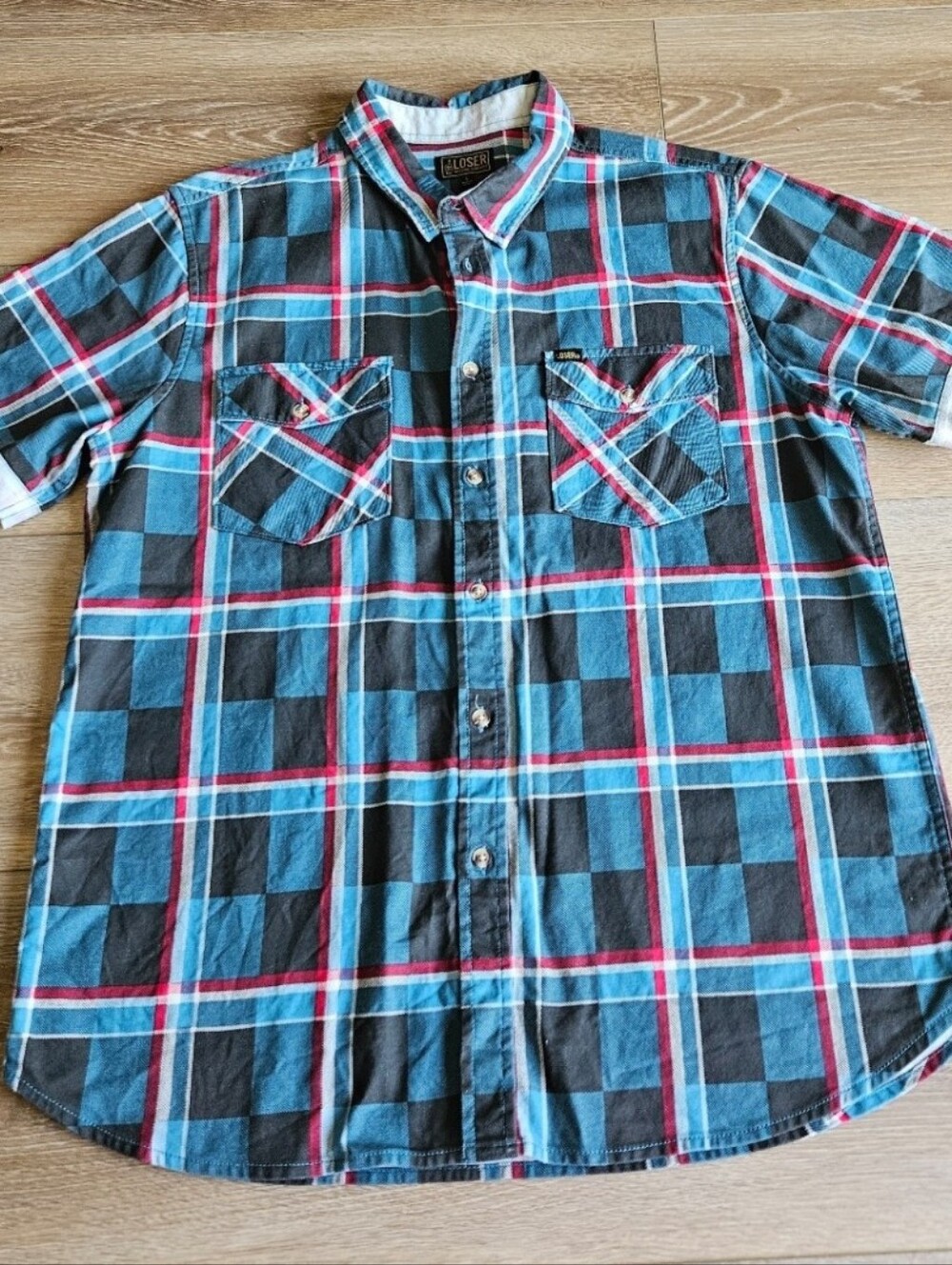 Men's Flannel Button Down Button Up Short Sleeve Plaid Polo Tee Shirt | Large